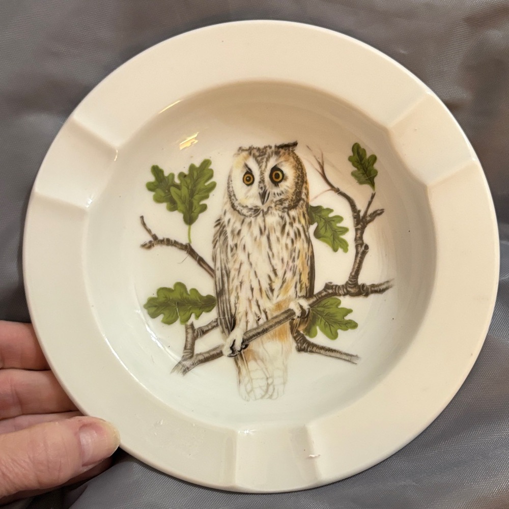 Decorative Owl Ceramic Ashtray in Cream and Green